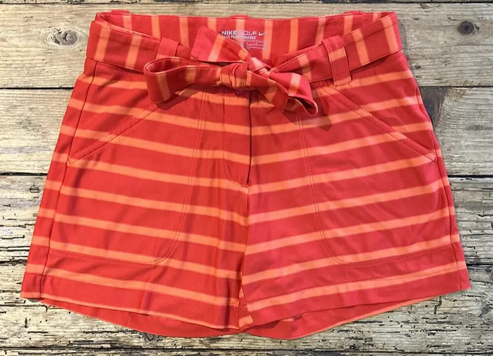 Nike Golf Women’s Orange Striped Tie Waist Gold Shorts Size 4